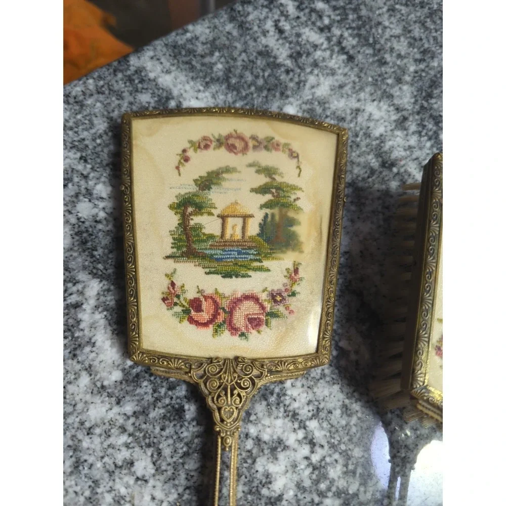 Vintage Floral Tapestry Back Gold Filigree Mirror & 2 Brush Vanity Set
